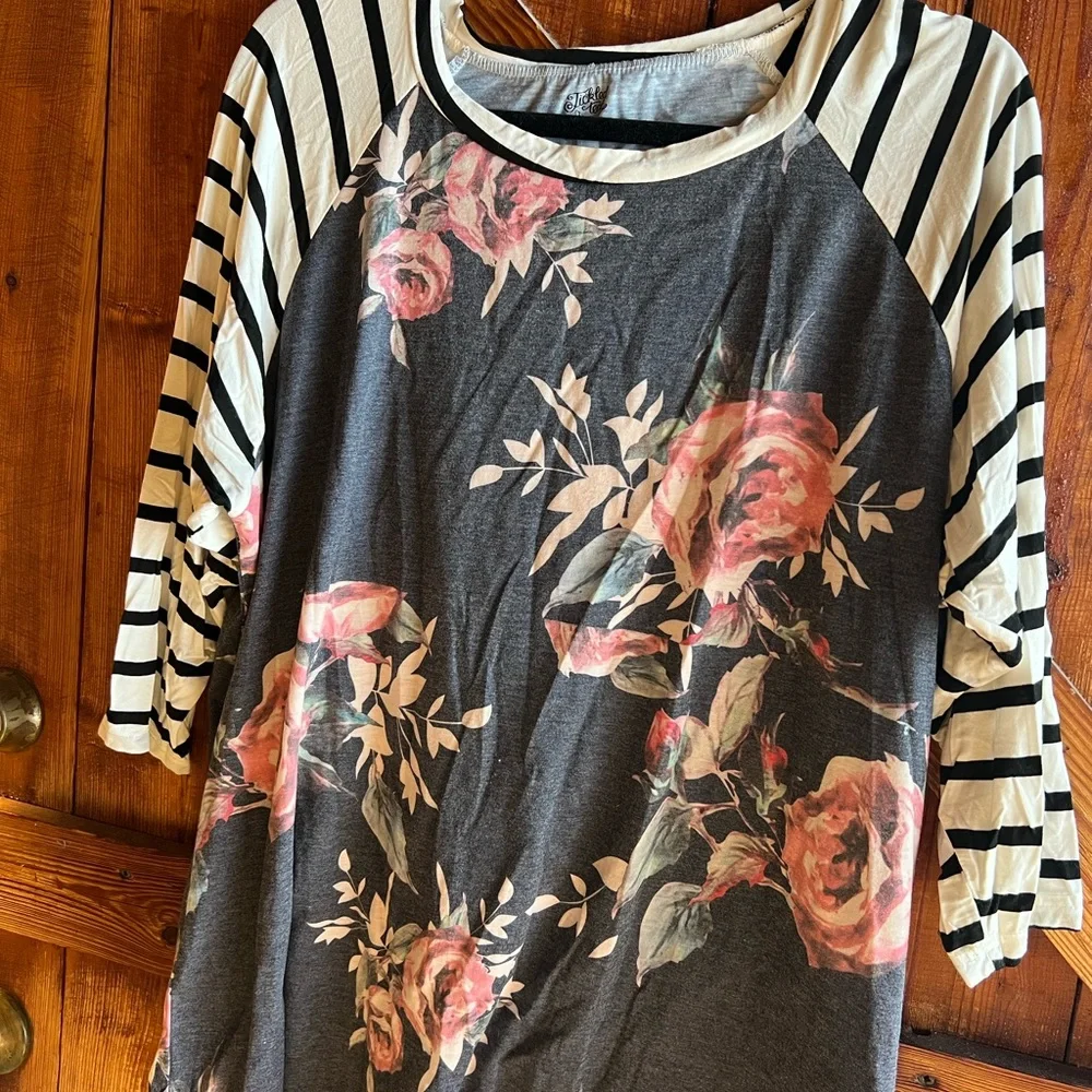 Tickled Teal Floral and Striped Long Sleeve Top - Picture 3 of 6